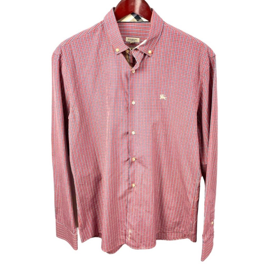 Burberry London Slim Fit Red Plaid Button Front Shirt Size XL
